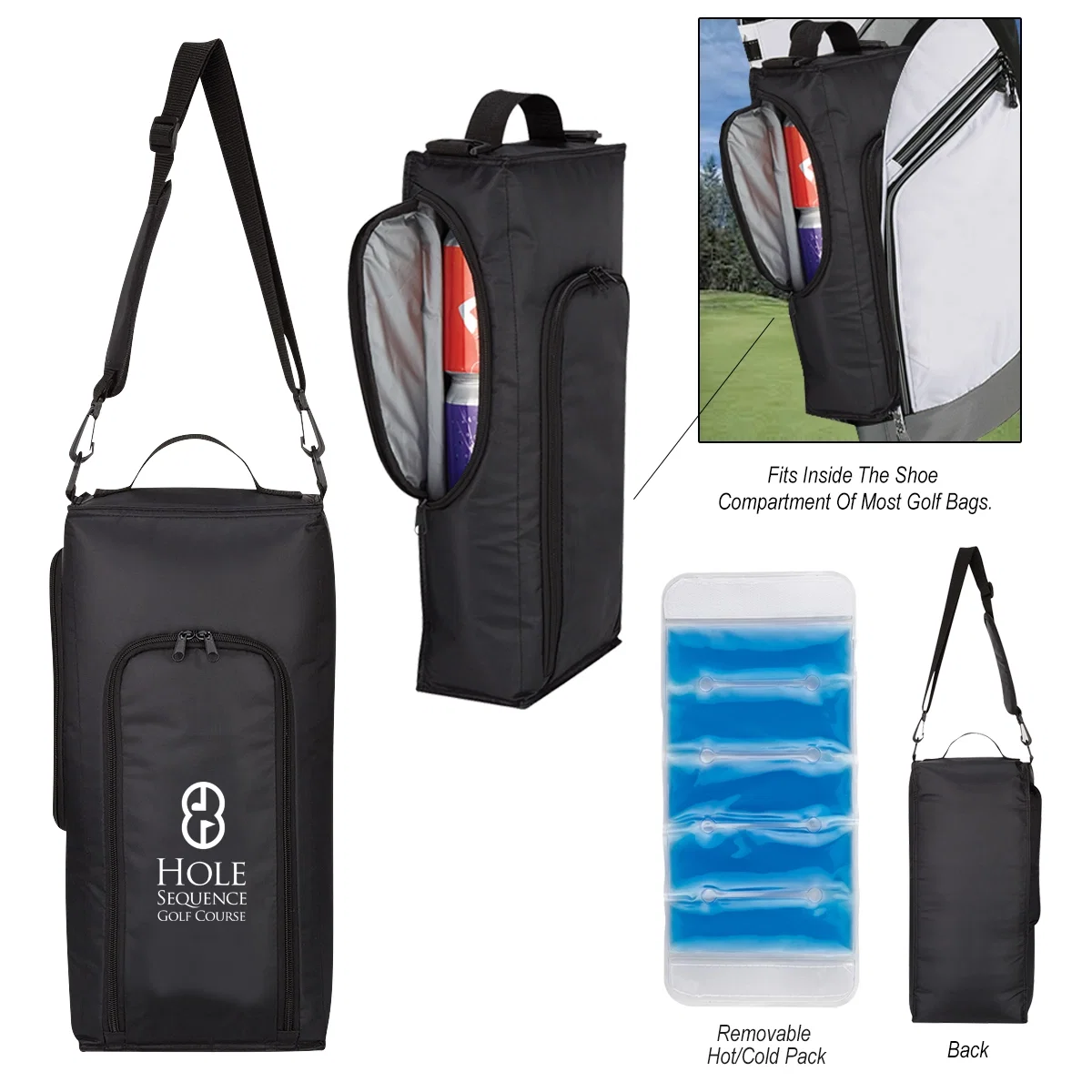 Black golf cooler bag standing upright at seventeen inches tall