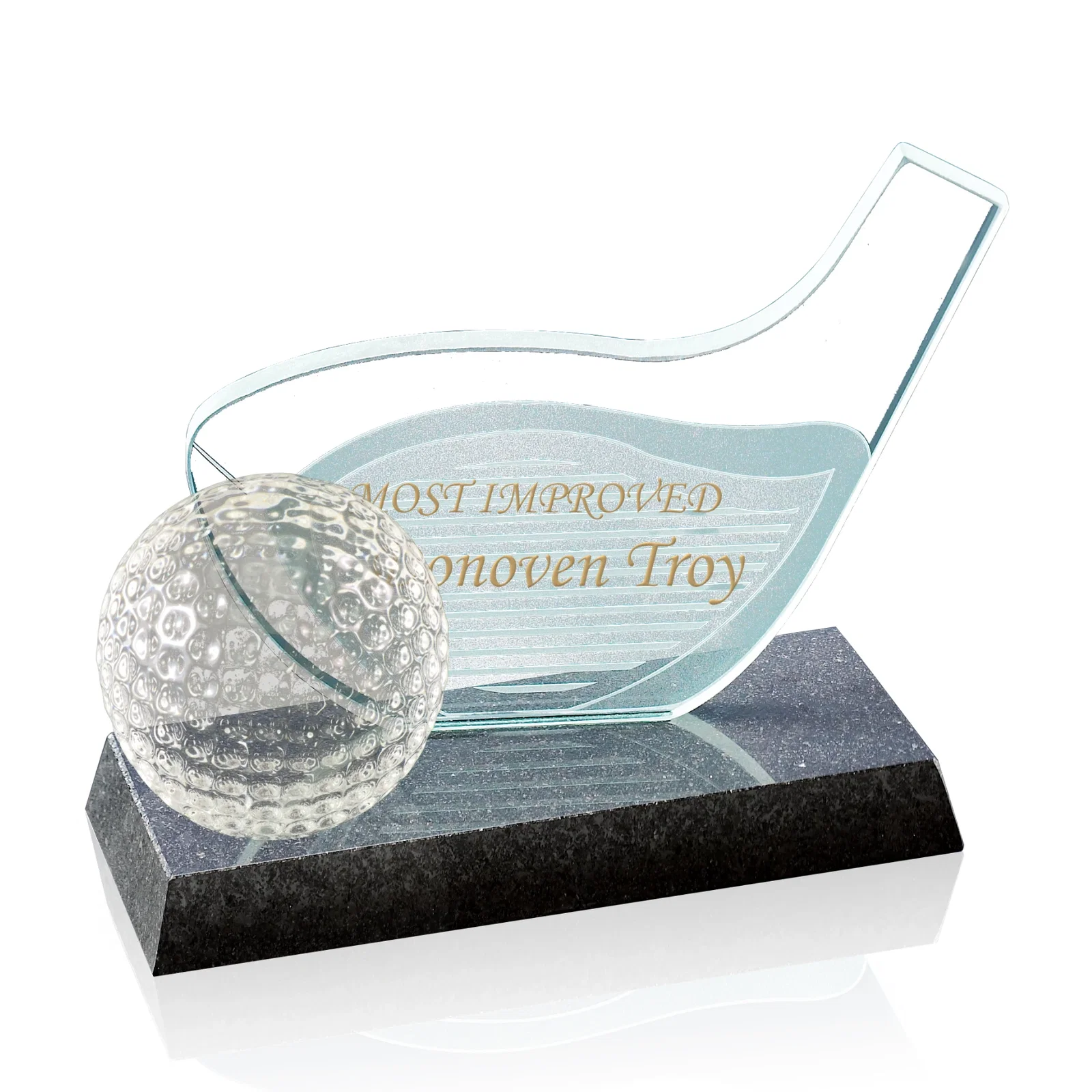Custom Jade and Clear Glass Golf Driver and Ball Award on Granite Base for employee recognition