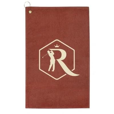 White velour golf towel measuring 16 by 25 inches