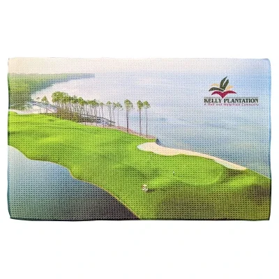 White golf towel hanging straight, sixteen inches wide