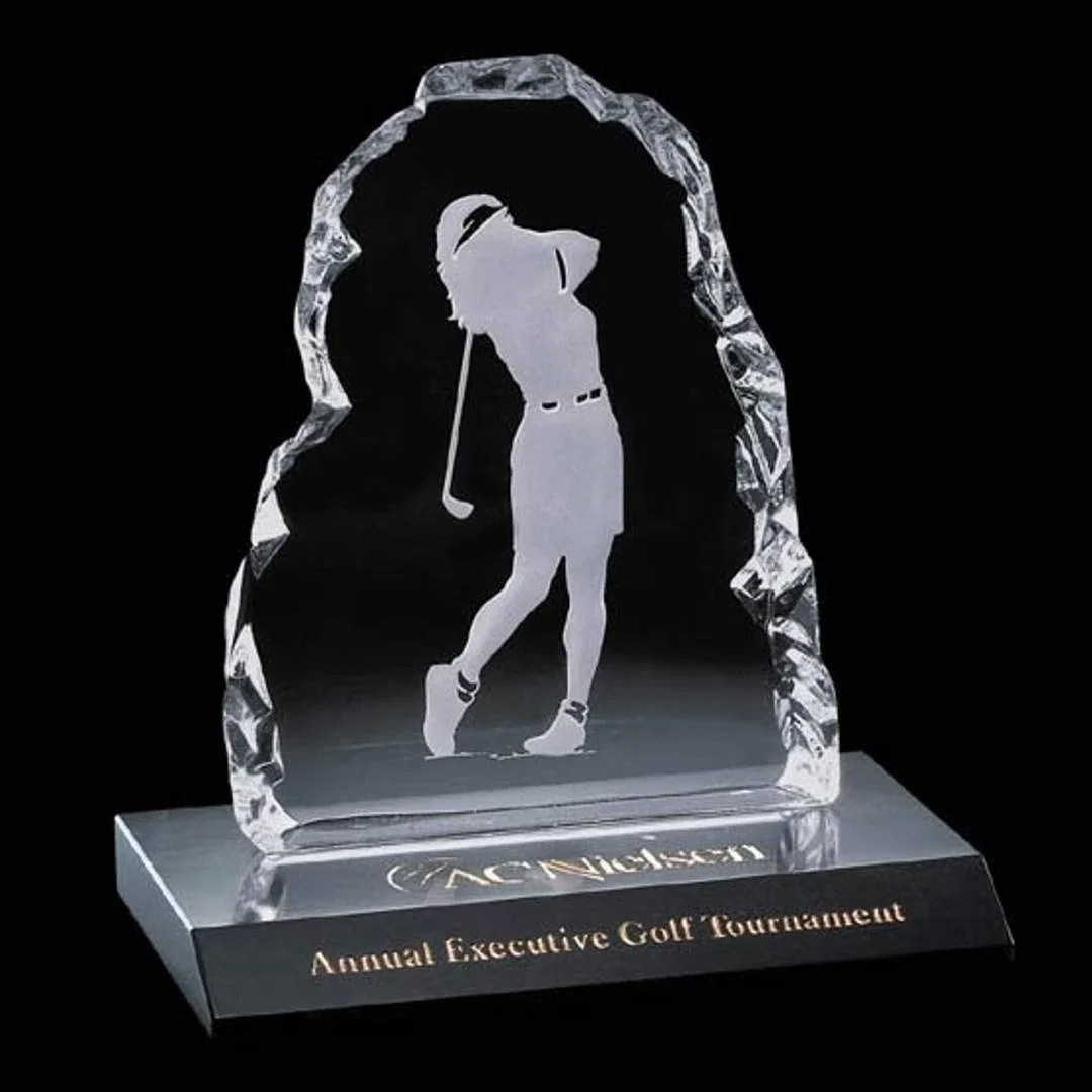Custom Optical Crystal Iceberg Award with Etched Female Golfer for employee recognition