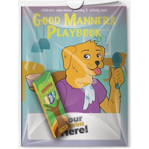 Good Manners Playbook coloring book and 4-crayon Fun Pak combo pack kitted in a poly bag