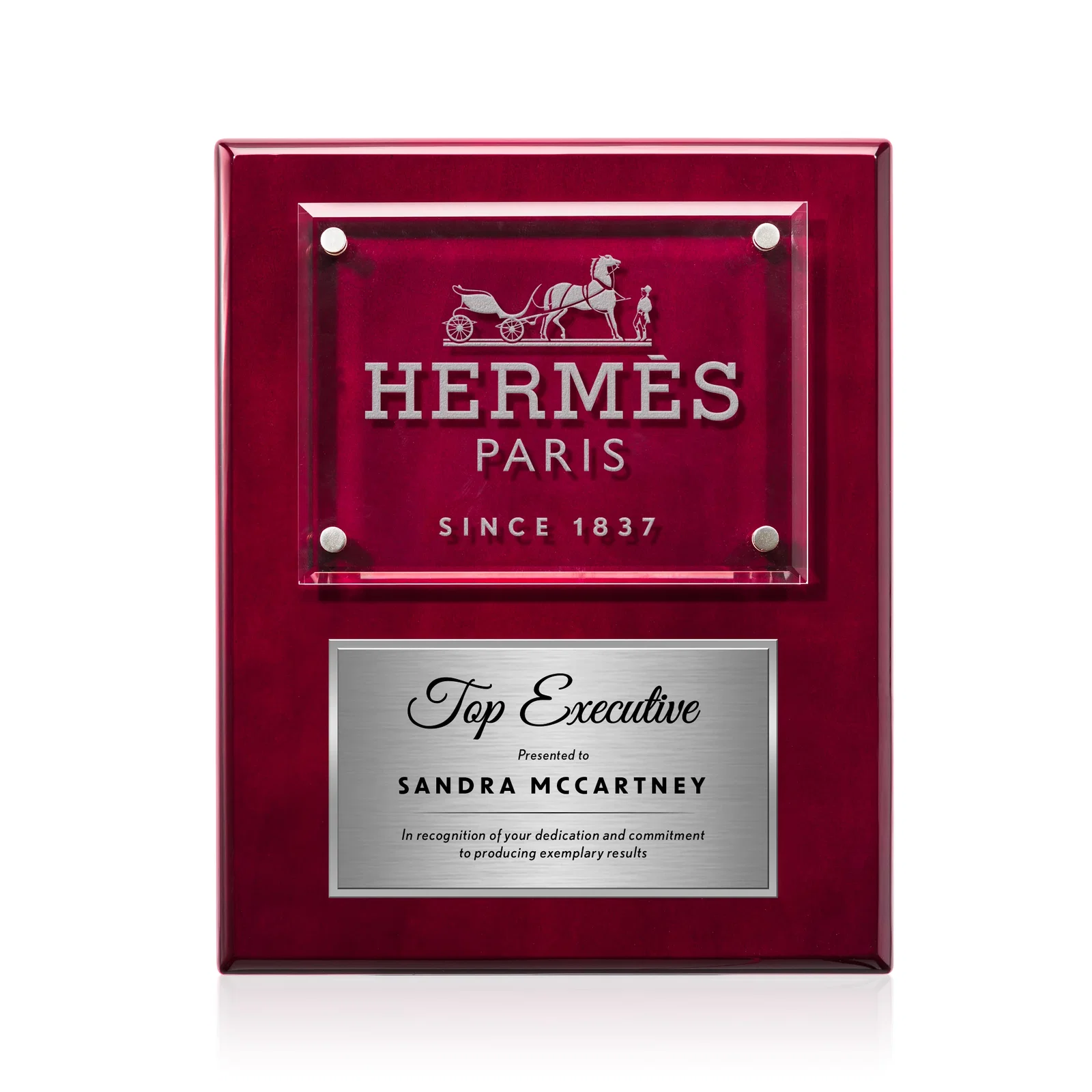 Custom Starfire Crystal Wall Plaque With Two Etching Zones for dealer and partner awards