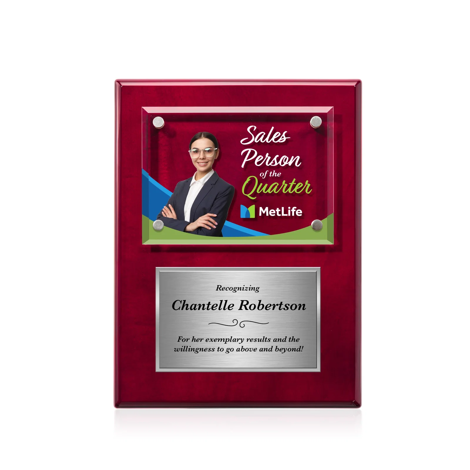 Personalized Beveled Starfire Crystal Plaque Offset From Carbon Fiber for sales achievement awards