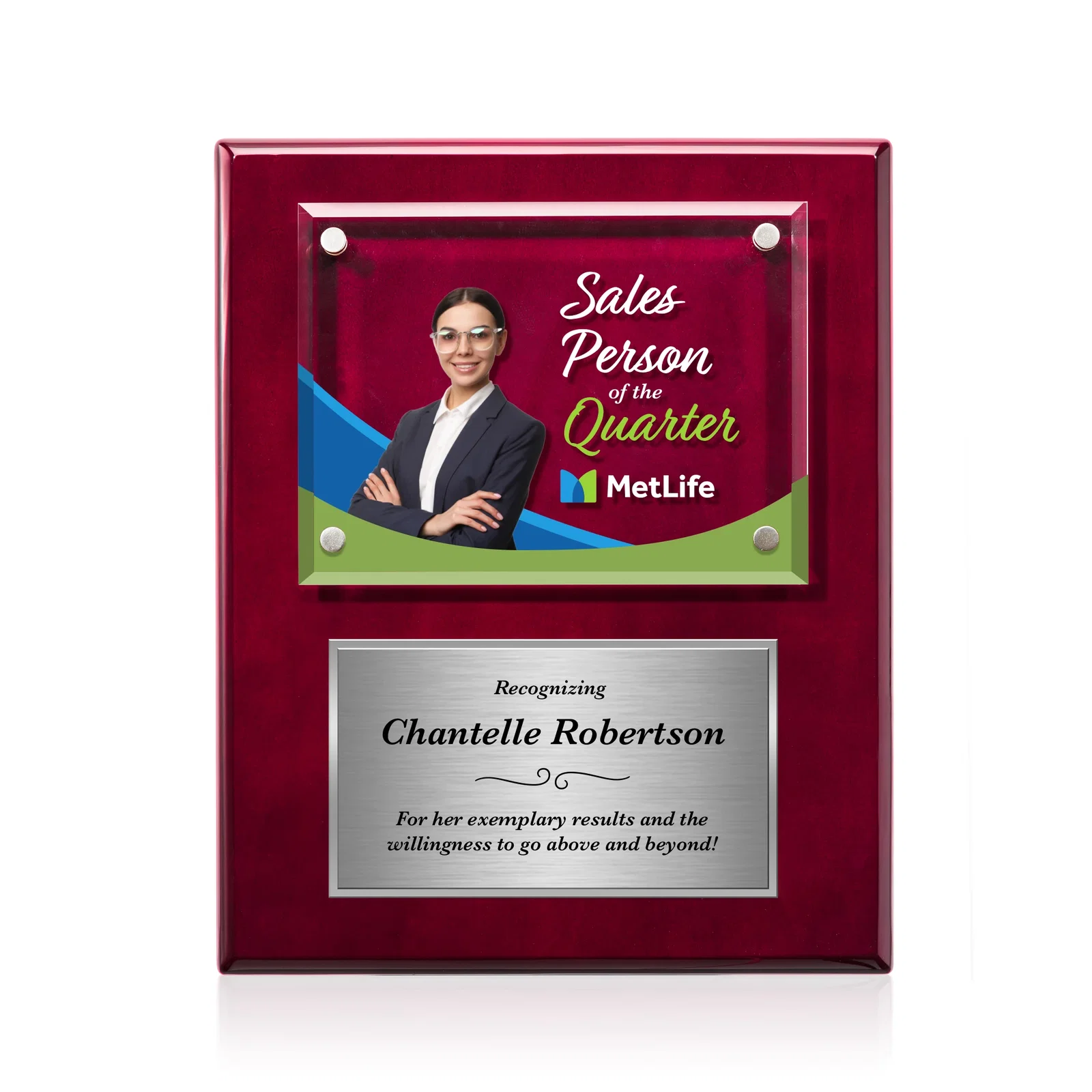 Personalized Beveled Starfire Crystal Plaque Offset From Carbon Fiber for retirement presentations