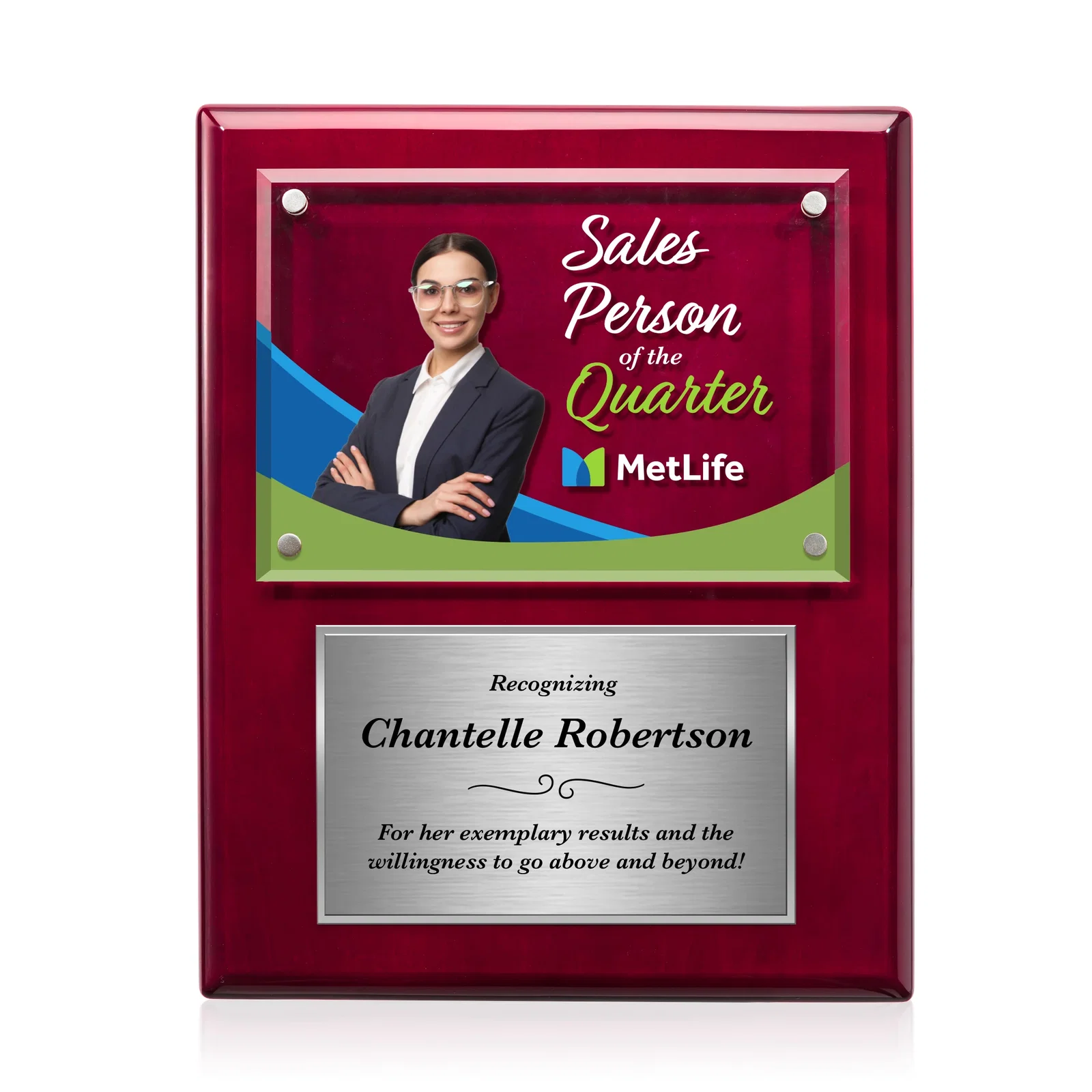 Personalized Beveled Starfire Crystal Plaque Offset From Carbon Fiber for team milestone celebrations
