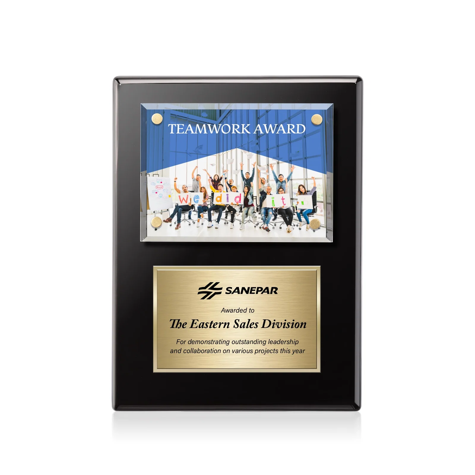 Personalized Beveled Starfire Crystal Plaque Offset From Carbon Fiber for volunteer appreciation