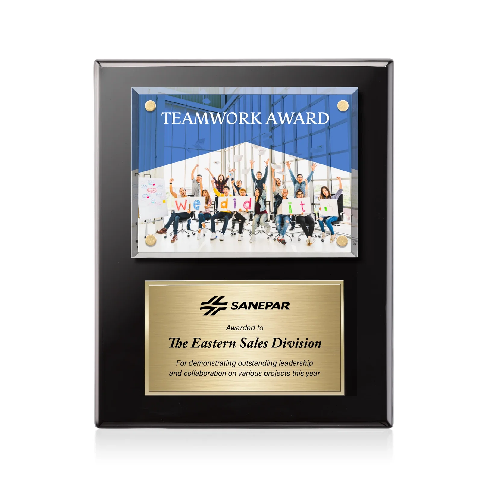 Personalized Beveled Starfire Crystal Plaque Offset From Carbon Fiber for dealer and partner awards