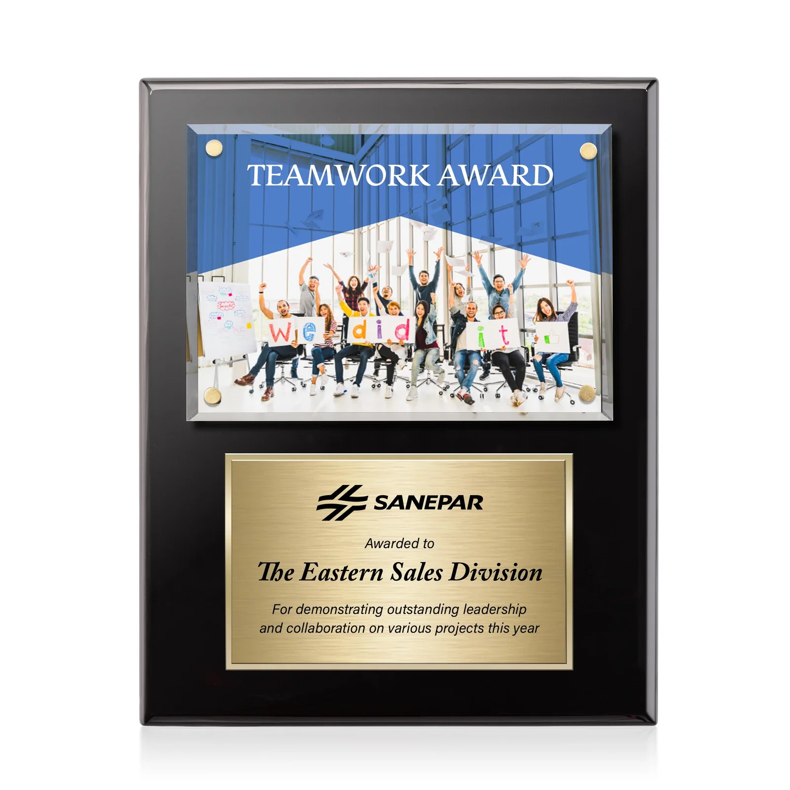Personalized Beveled Starfire Crystal Plaque Offset From Carbon Fiber for company anniversary events