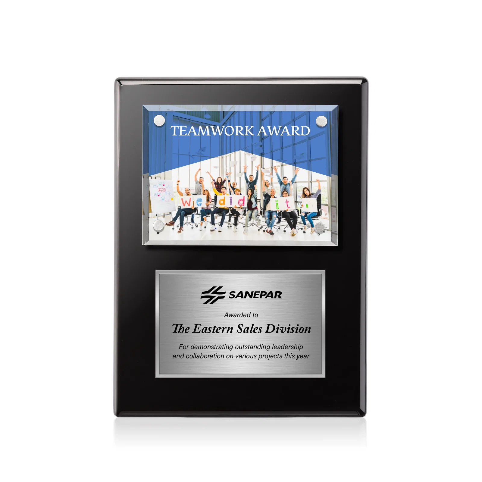 Promotional Beveled Starfire Crystal Plaque Offset From Carbon Fiber for sales achievement awards