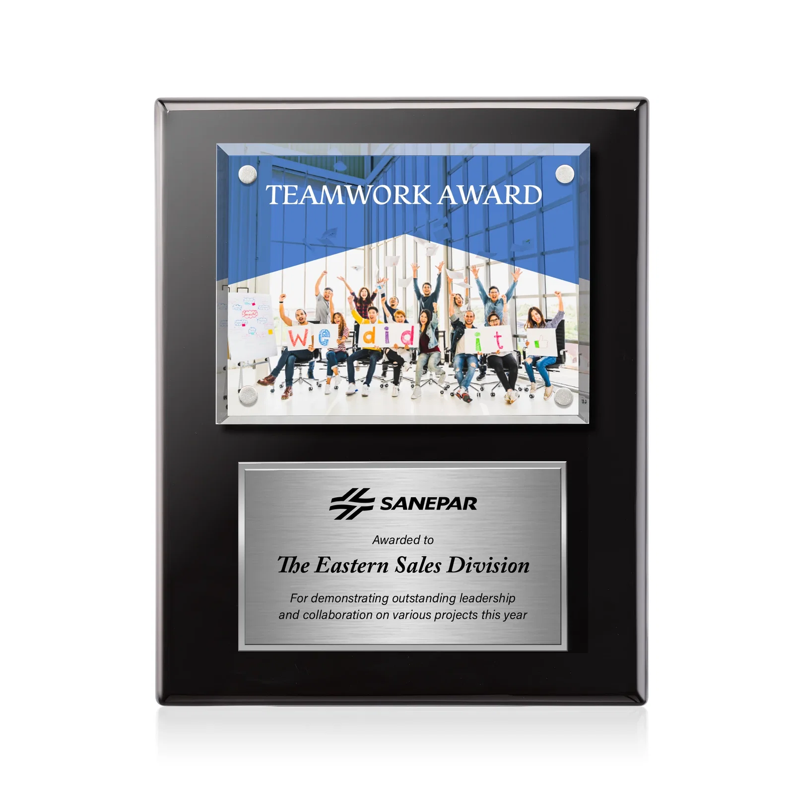 Promotional Beveled Starfire Crystal Plaque Offset From Carbon Fiber for retirement presentations