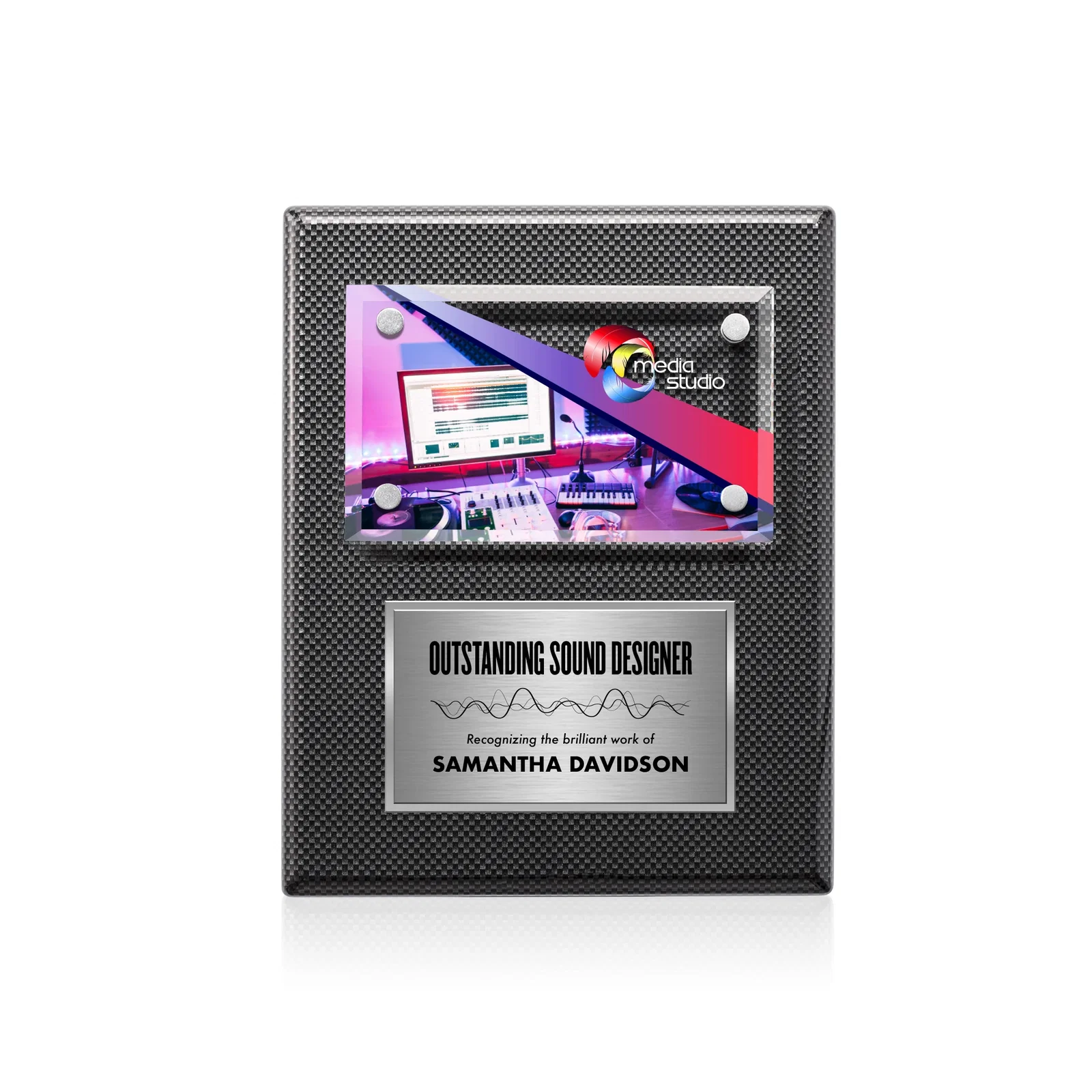 Custom Beveled Starfire Crystal Plaque Offset From Carbon Fiber for service anniversary gifts