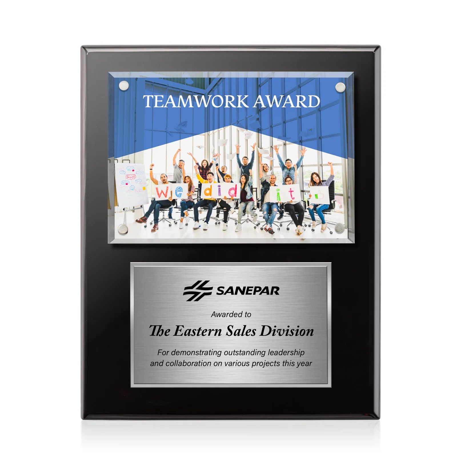 Promotional Beveled Starfire Crystal Plaque Offset From Carbon Fiber for team milestone celebrations