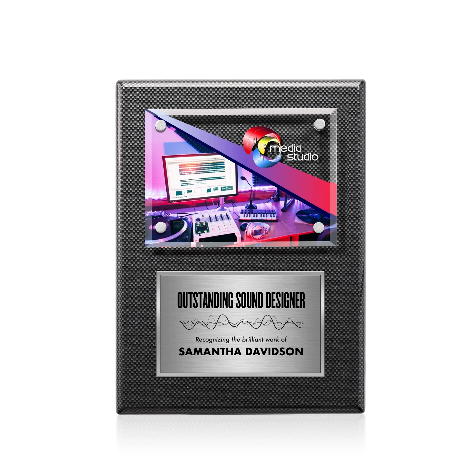 Custom Beveled Starfire Crystal Plaque Offset From Carbon Fiber for sales achievement awards