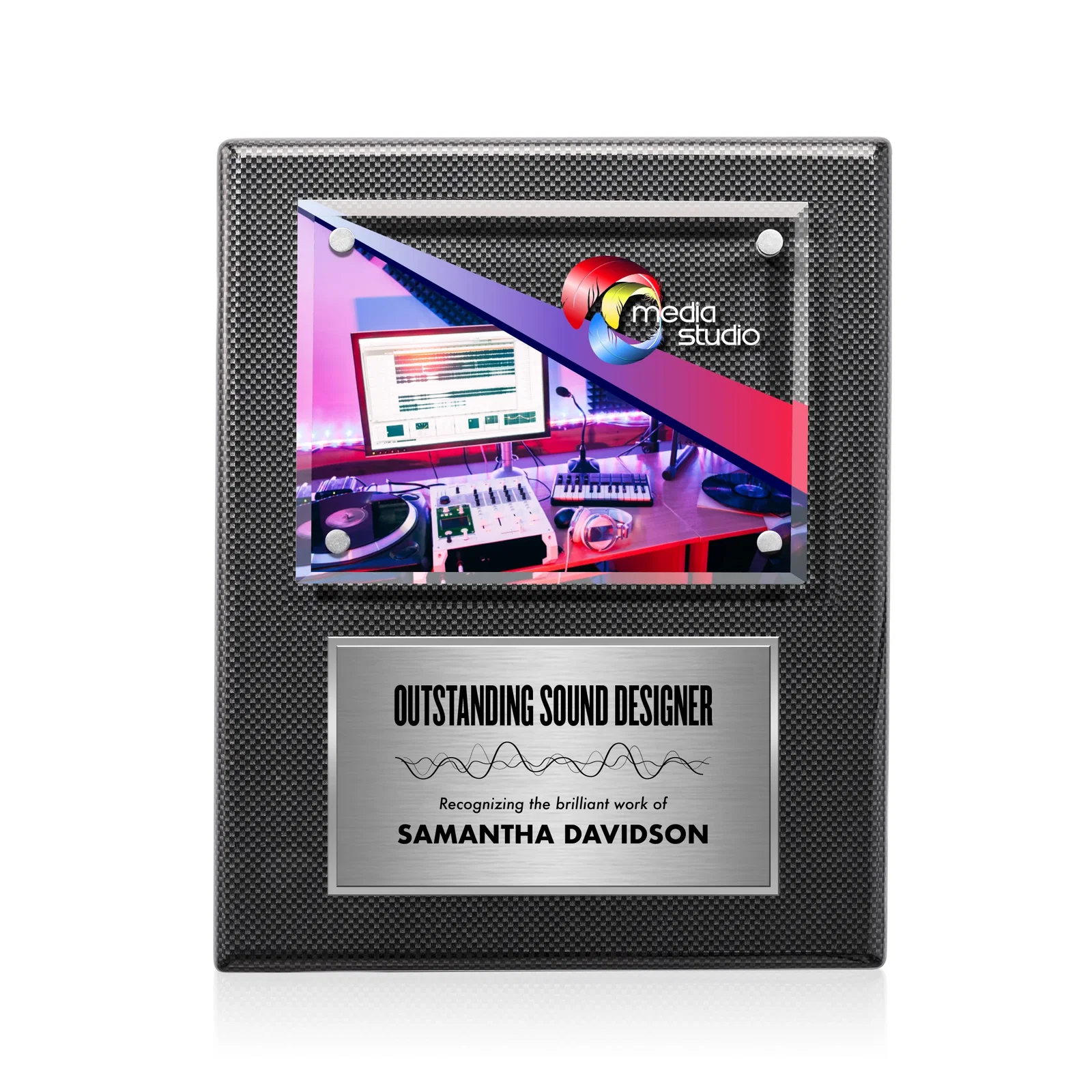 Custom Beveled Starfire Crystal Plaque Offset From Carbon Fiber for retirement presentations