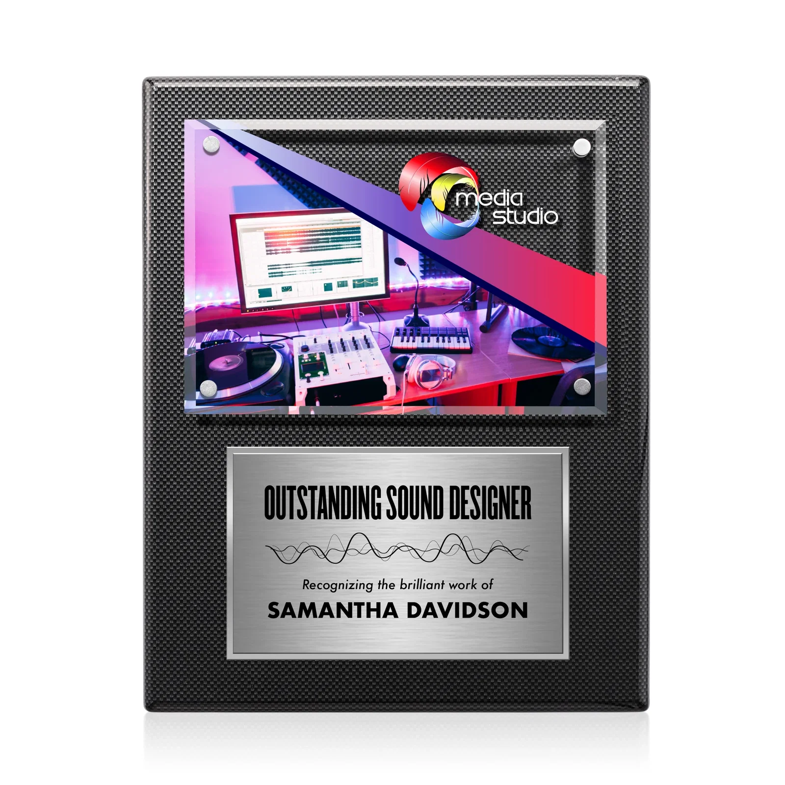 Custom Beveled Starfire Crystal Plaque Offset From Carbon Fiber for team milestone celebrations