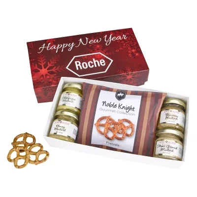 Gift box pairing gourmet mustard with pretzels for snacking