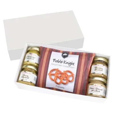 Mustard jars and a pretzel bag arranged inside the open case