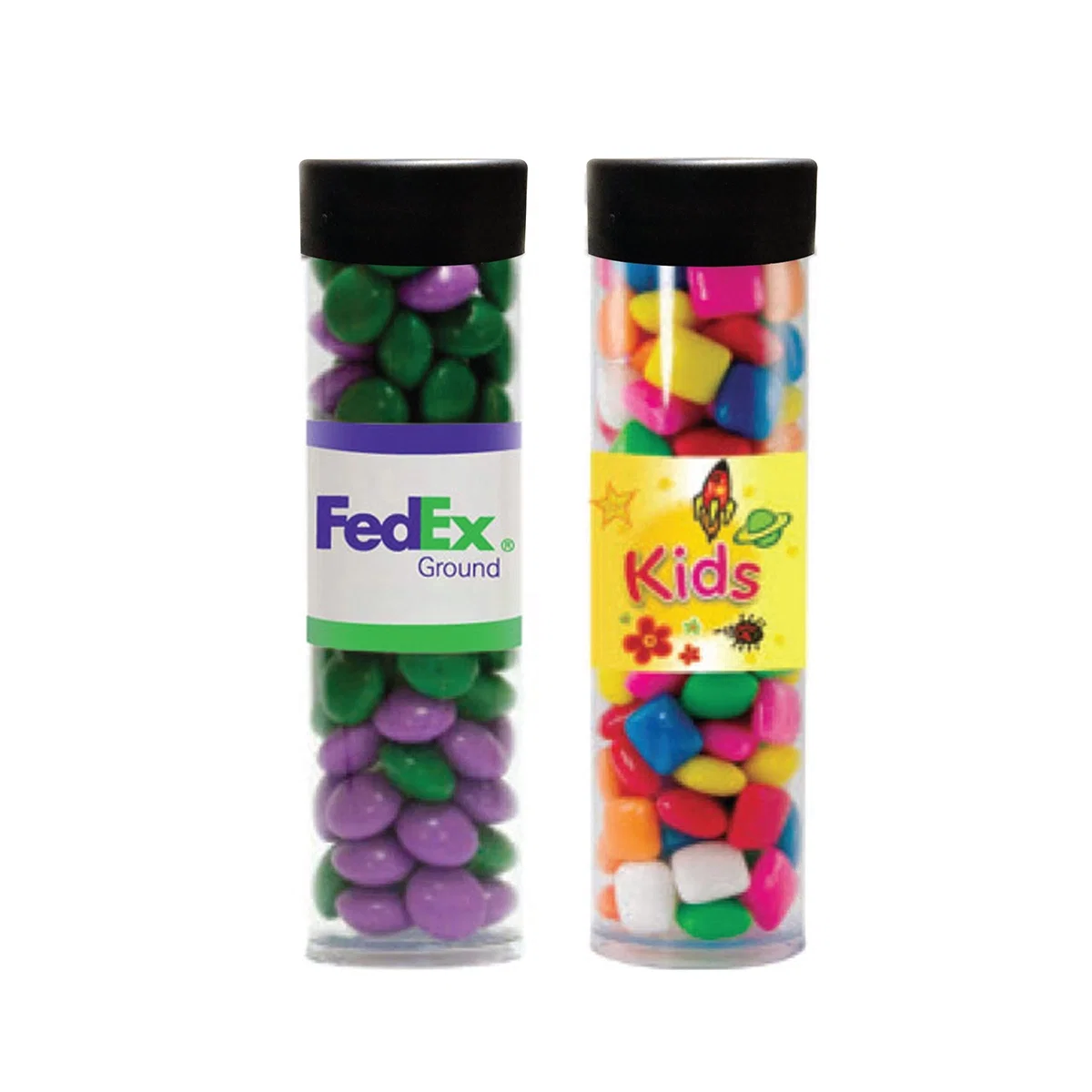 Clear plastic candy tube topped with a black lid