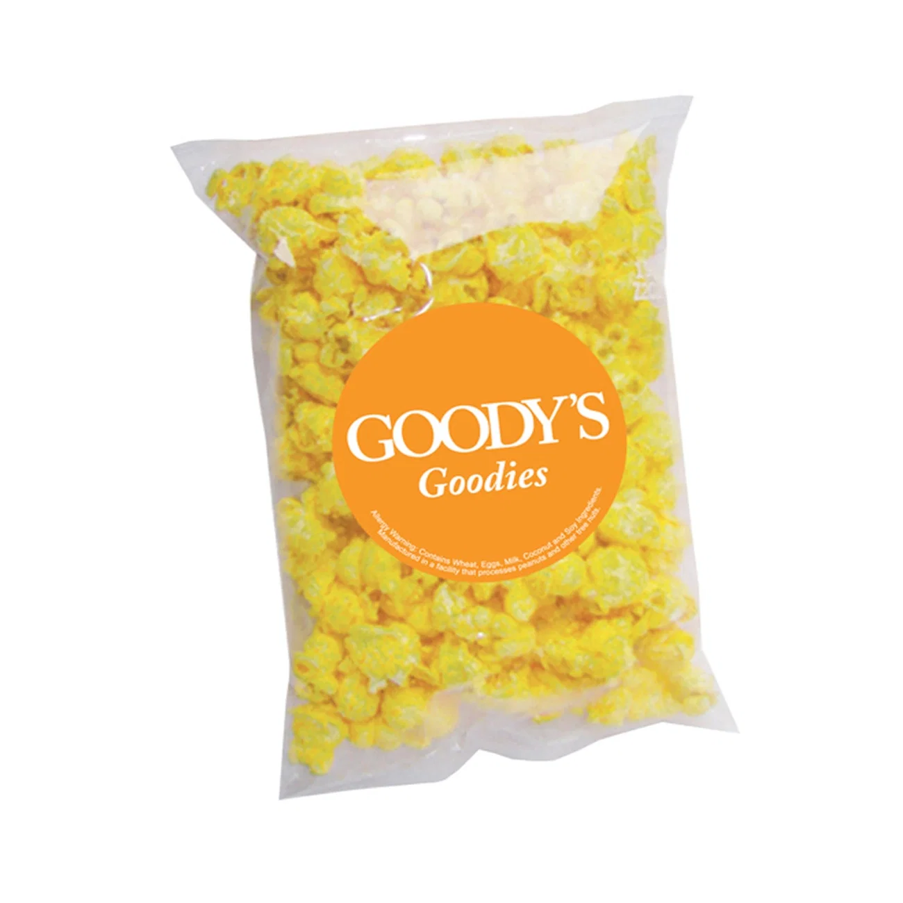 Clear bag of gourmet popcorn standing upright