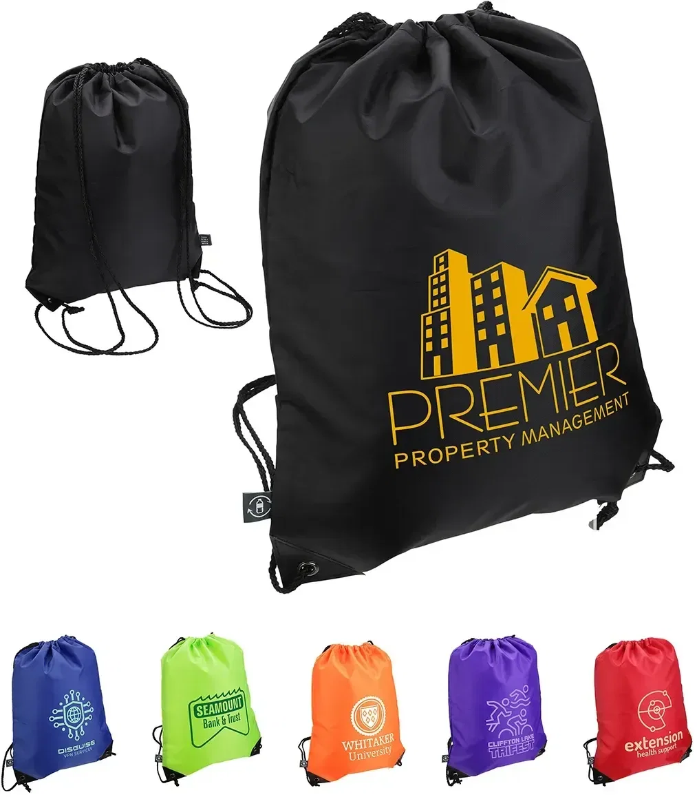 Grab 'N Go RPET Drawstring Backpack, custom branded cinch bag from recycled bottles, front view