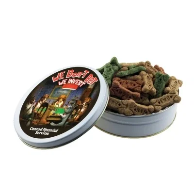 Round tin filled with dog bone treats, nearly seven inches across