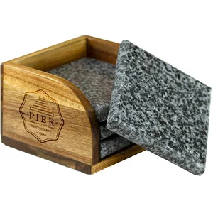 Granite Coaster Set, 4-Piece with Acacia Wood Stand
