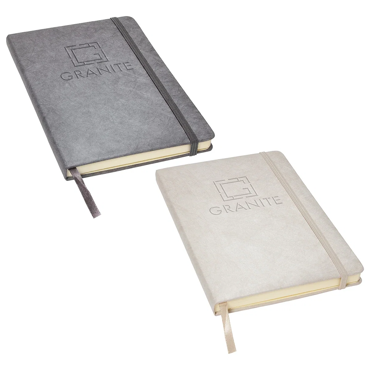 Close-up of logo imprint on promotional granite hardcover journal