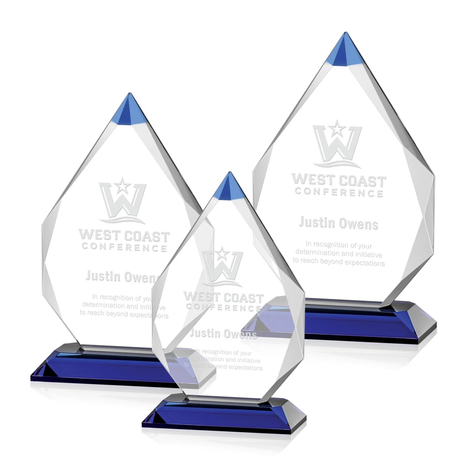 Custom Optical Crystal Award with Gem-Cut Sapphire Tip and Matching Base, awards for employee recognition