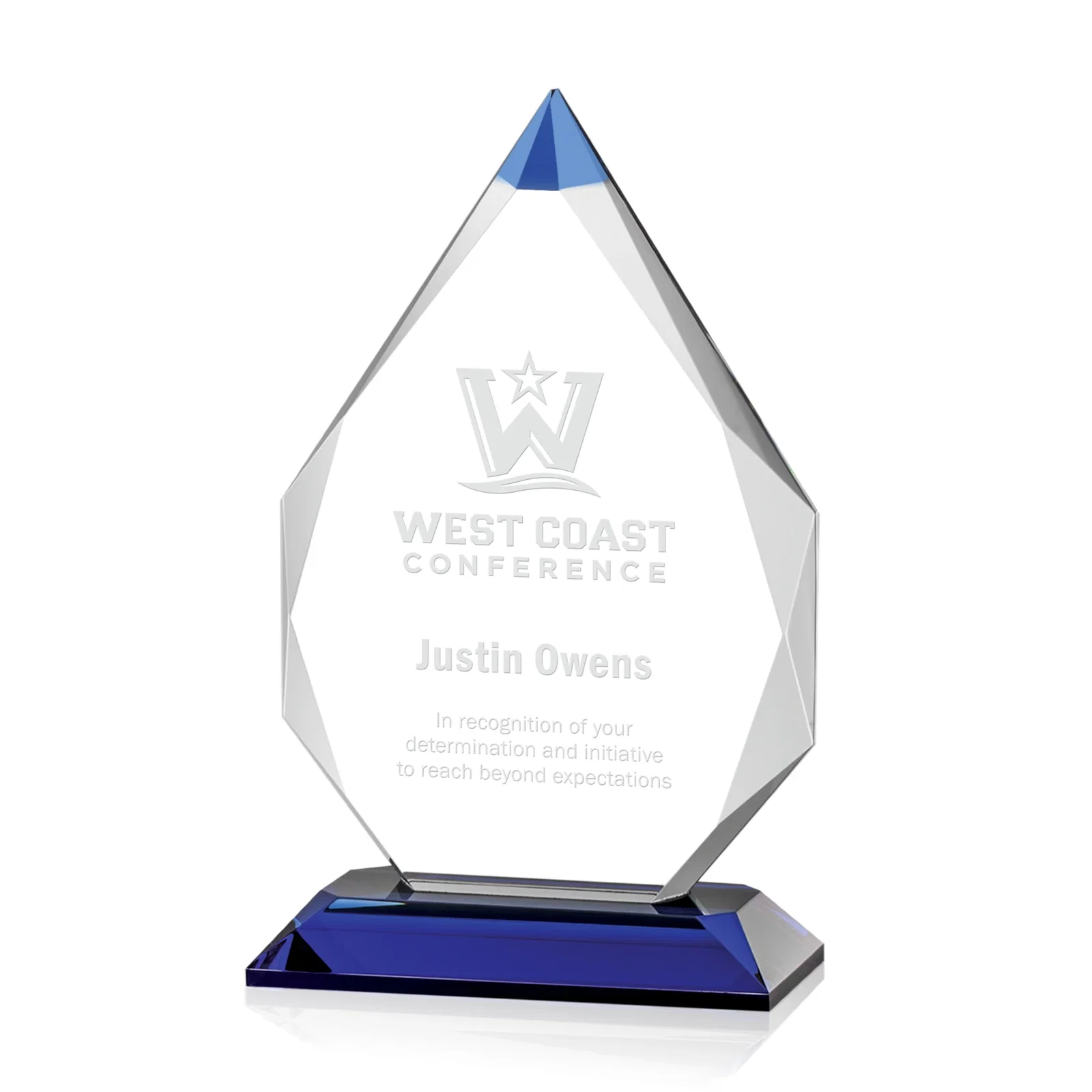 Custom Optical Crystal Award with Gem-Cut Sapphire Tip and Matching Base, awards for service anniversary gifts