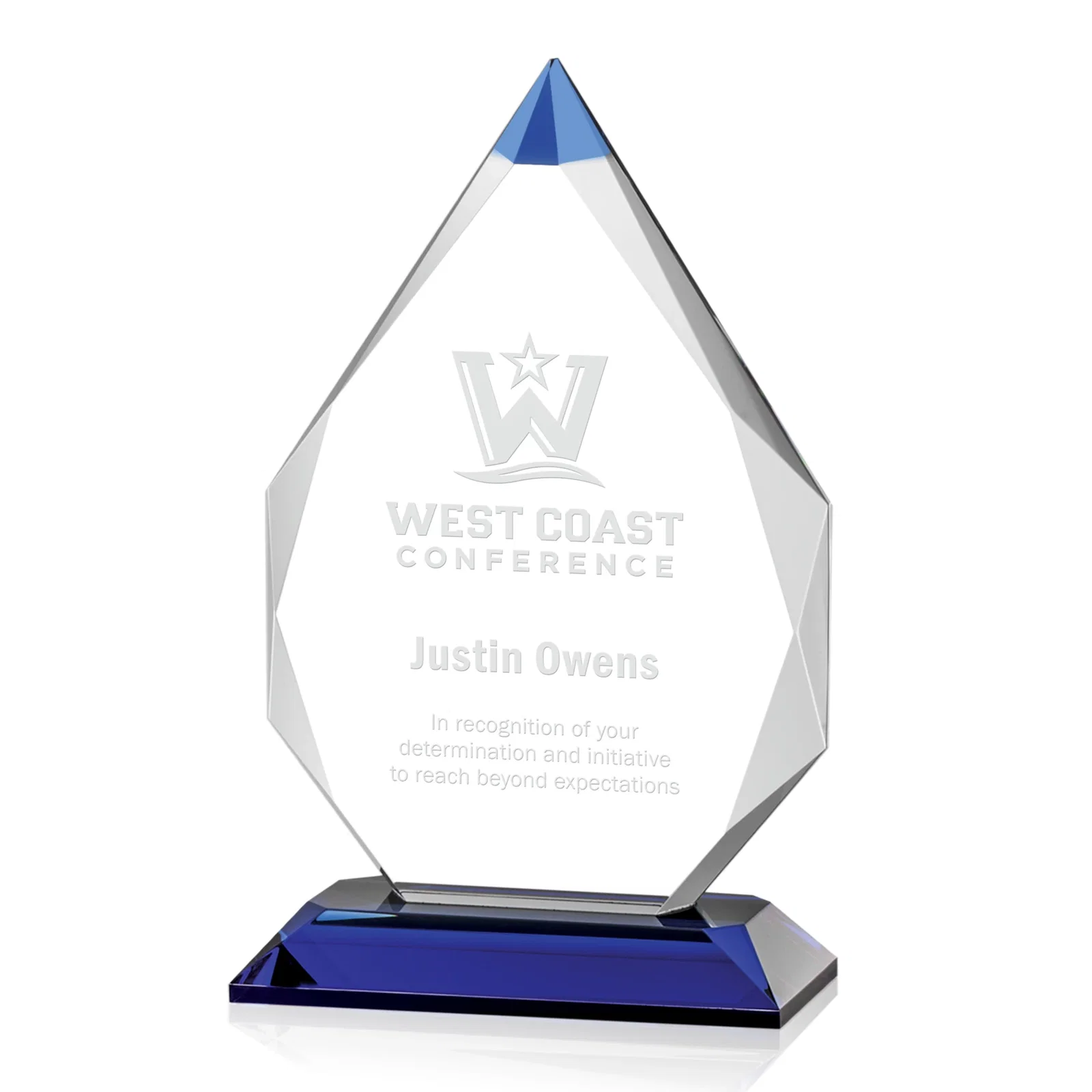 Custom Optical Crystal Award with Gem-Cut Sapphire Tip and Matching Base, awards for sales achievement awards