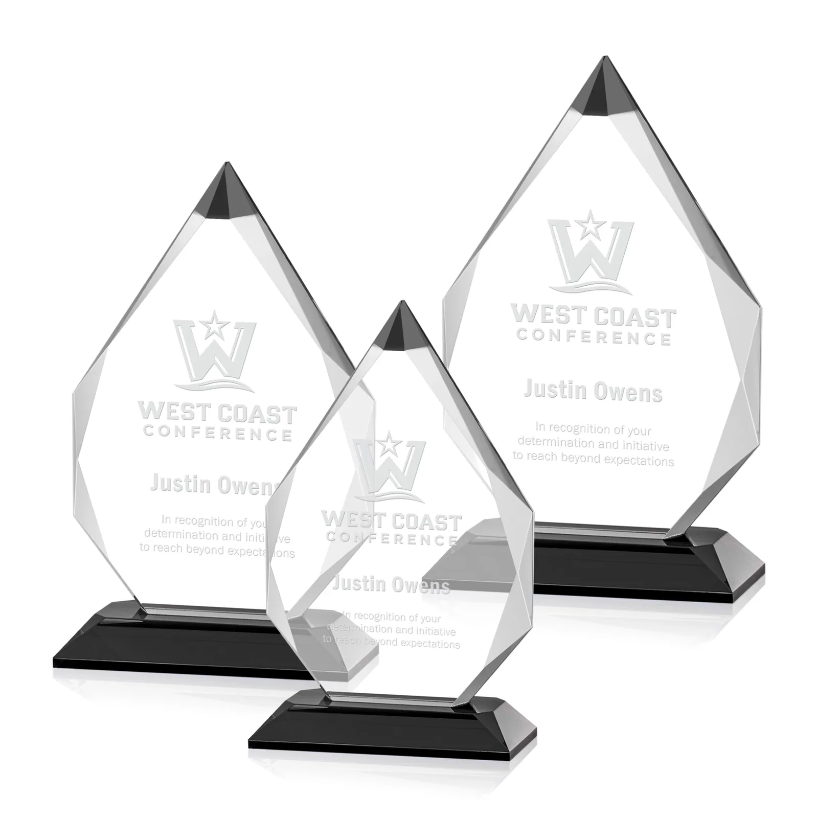 Custom Optical Crystal Award with Gem-Cut Sapphire Tip and Matching Base, awards for retirement presentations