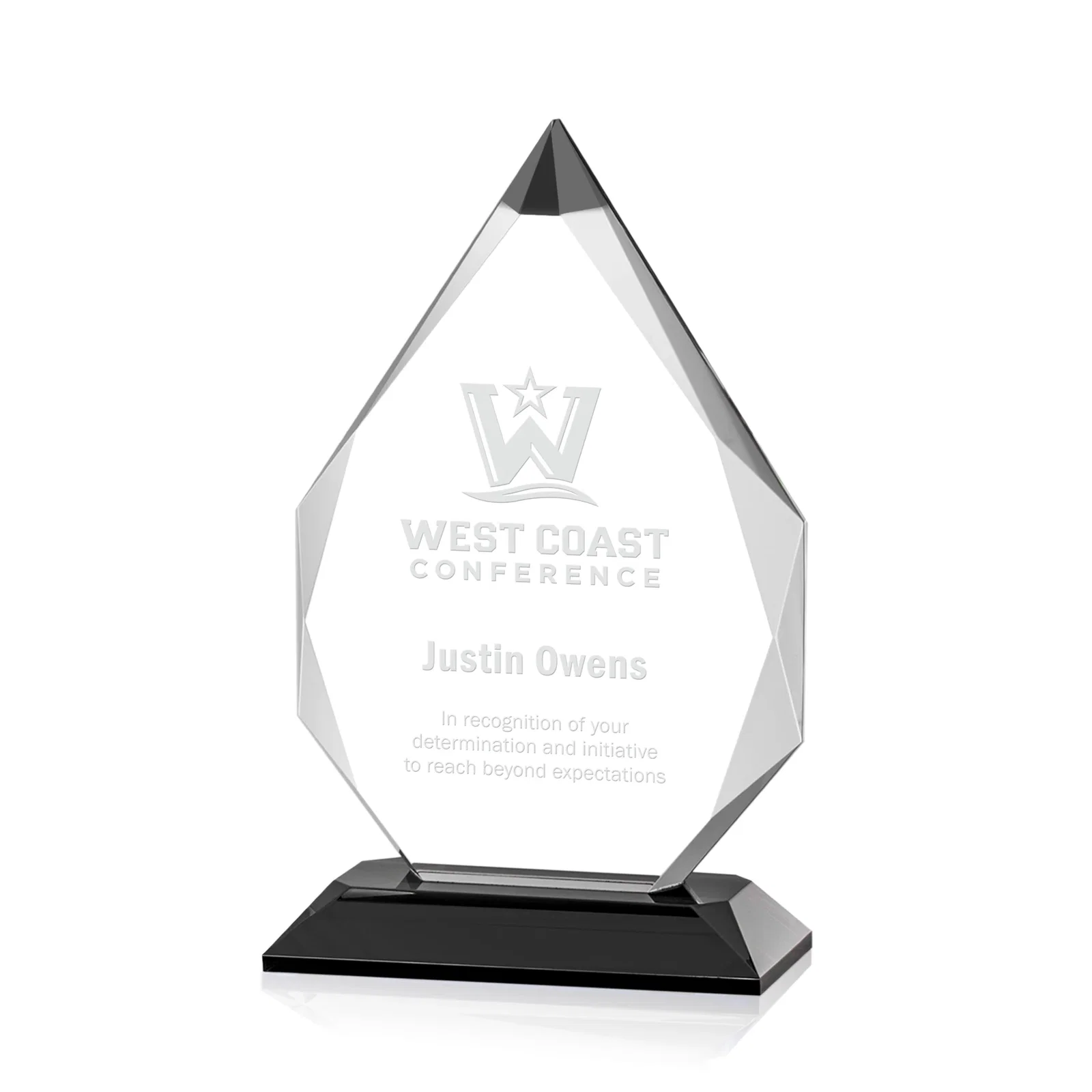 Custom Optical Crystal Award with Gem-Cut Sapphire Tip and Matching Base, awards for team milestone celebrations