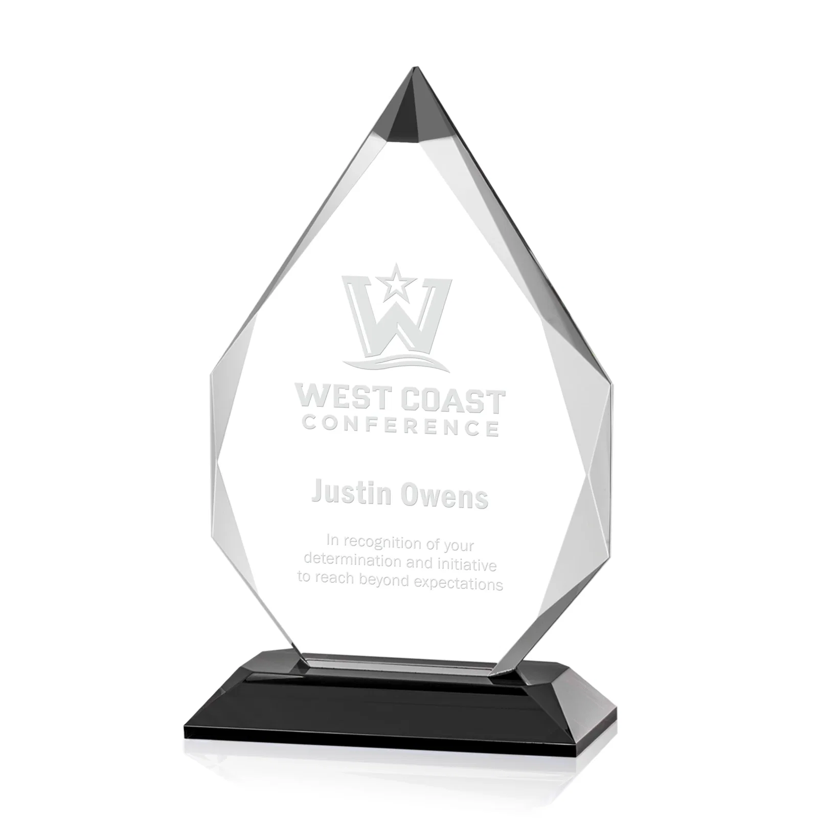 Custom Optical Crystal Award with Gem-Cut Sapphire Tip and Matching Base, awards for donor appreciation