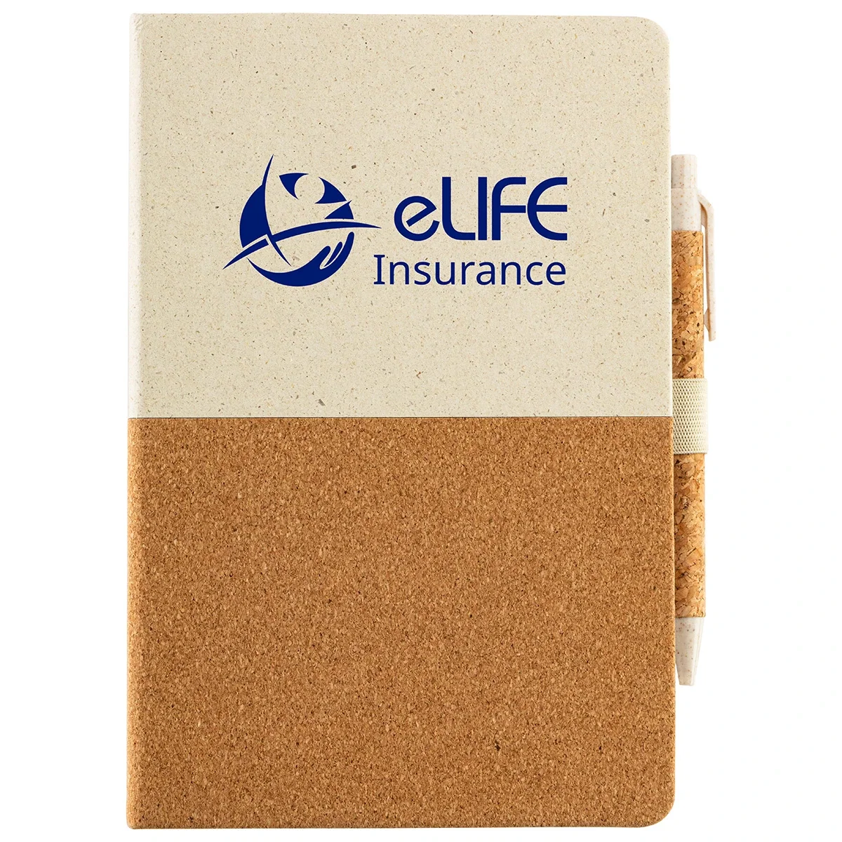 Custom GrassField cork journal open showing recycled paper pages and matching pen