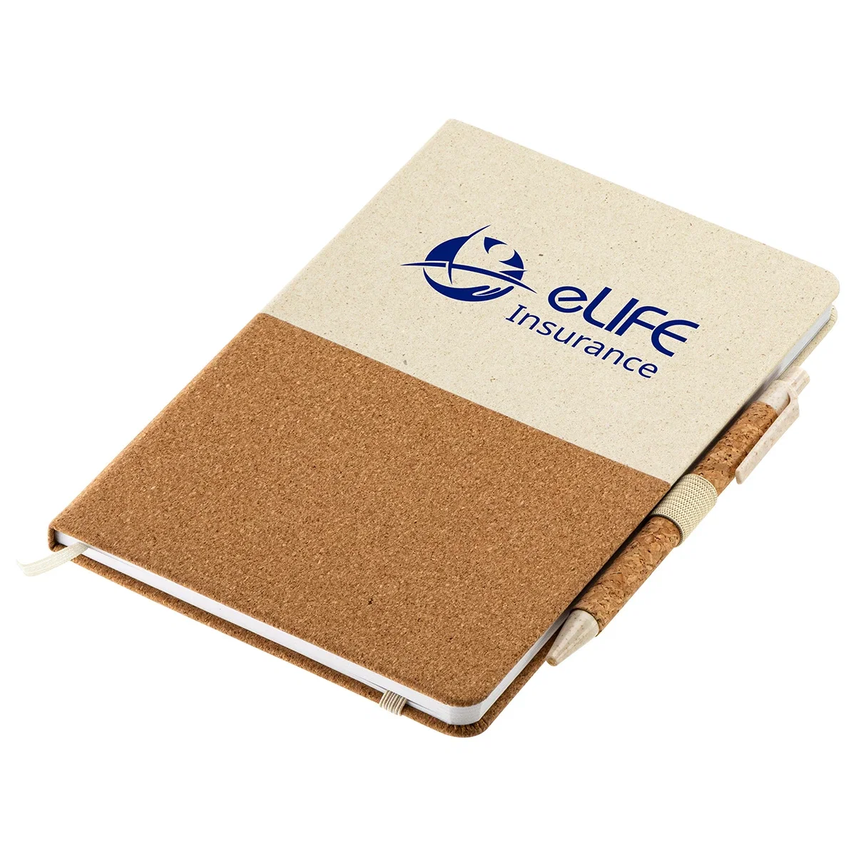Promotional GrassField cork journal close-up of natural cork cover with logo imprint