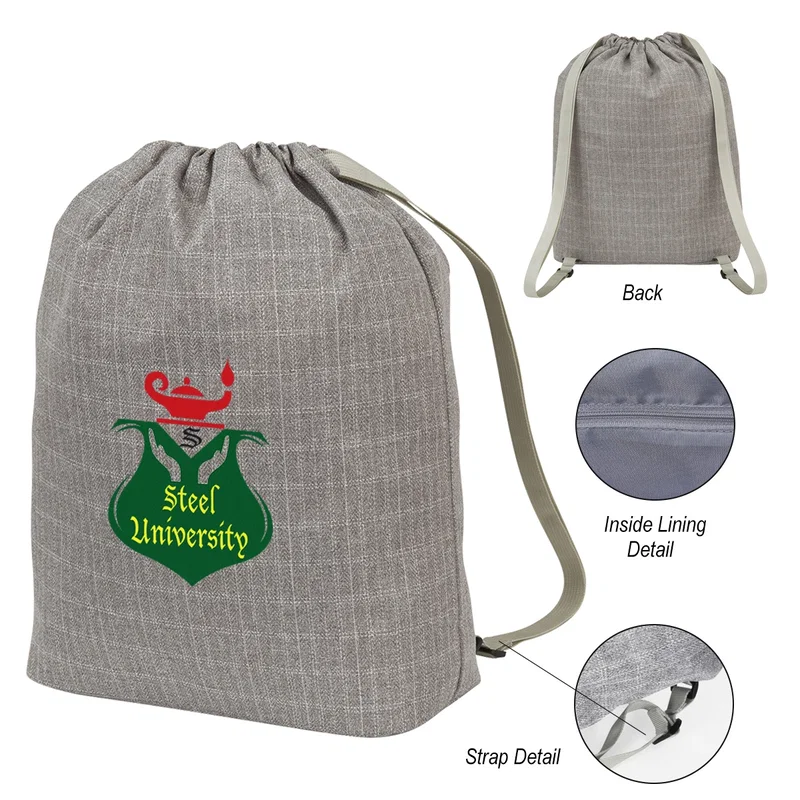 Gray Cinch Backpack w/ Zippered Pocket, Adjustable Shoulder Straps for Hiking, Travelling — view 8