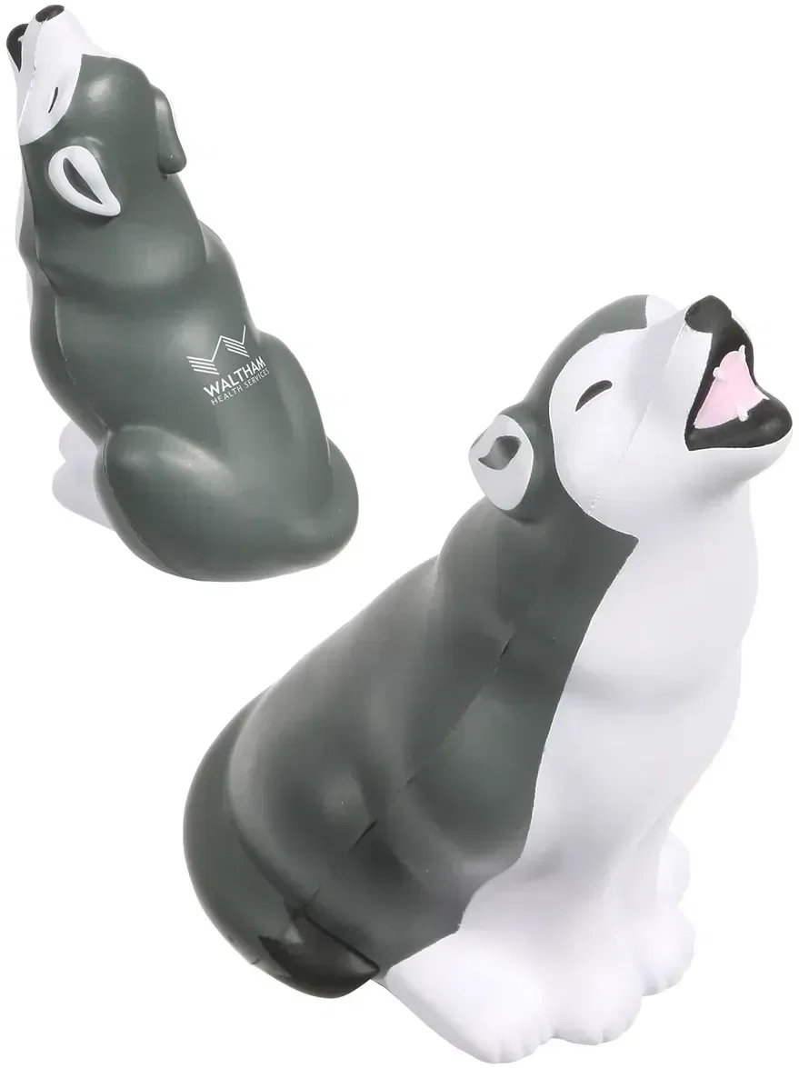 Gray wolf custom stress reliever, branded promotional squeeze toy for mascot logo giveaways