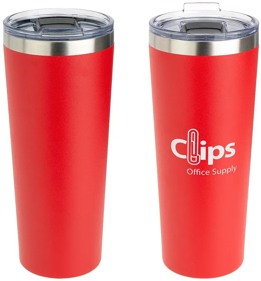 Branded Greco 28 oz vacuum tumbler with lid on, promotional drinkware close-up