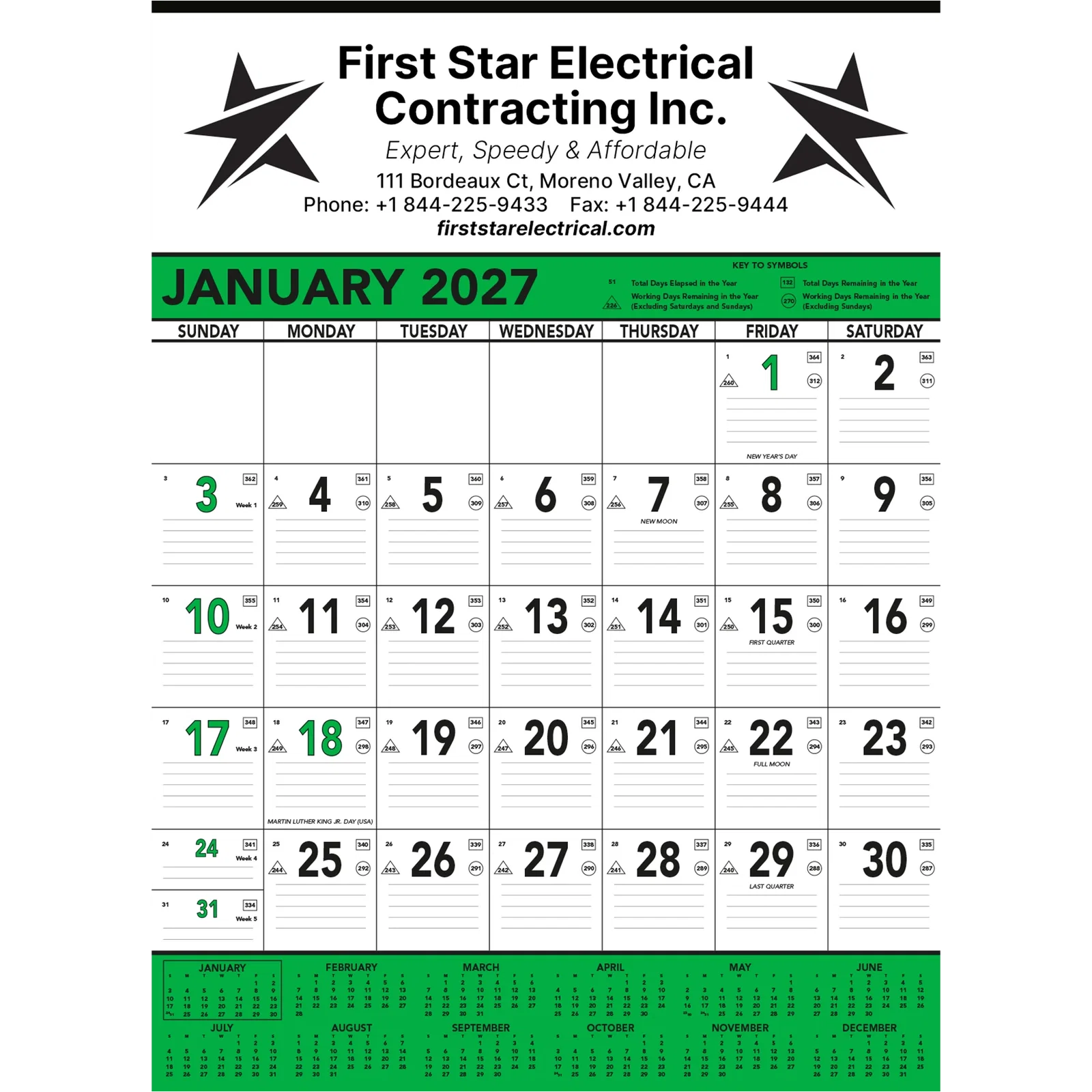 Commercial Planner Wall Calendar: Green & Black 2025, 1 Color Imprint