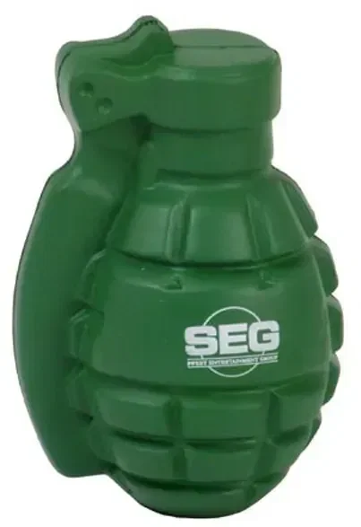 Custom Grenade Stress Reliever, promotional grenade-shaped foam squeeze toy with logo imprint space