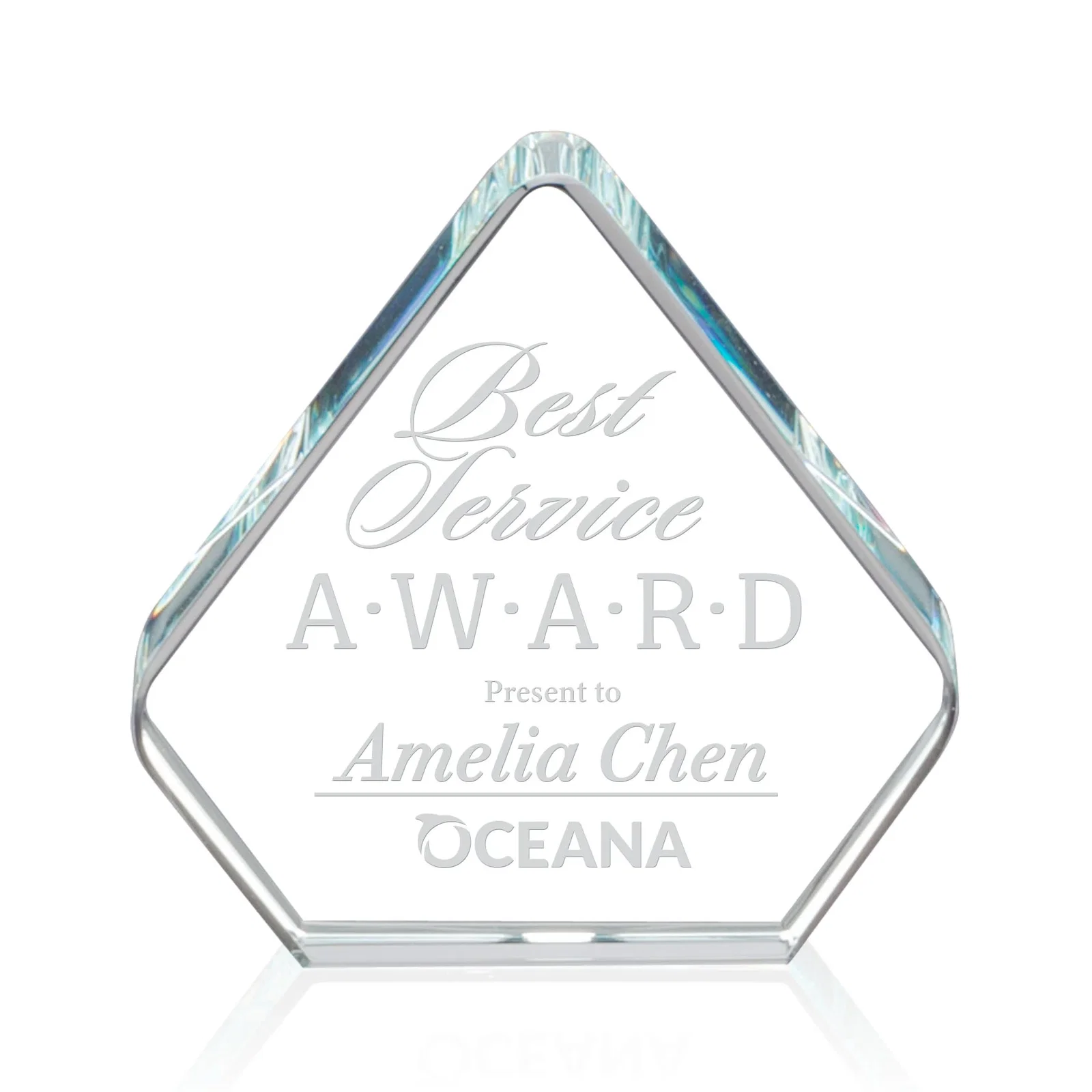 Custom Starfire Crystal Diamond Award, One Solid Cut with No Base for employee recognition