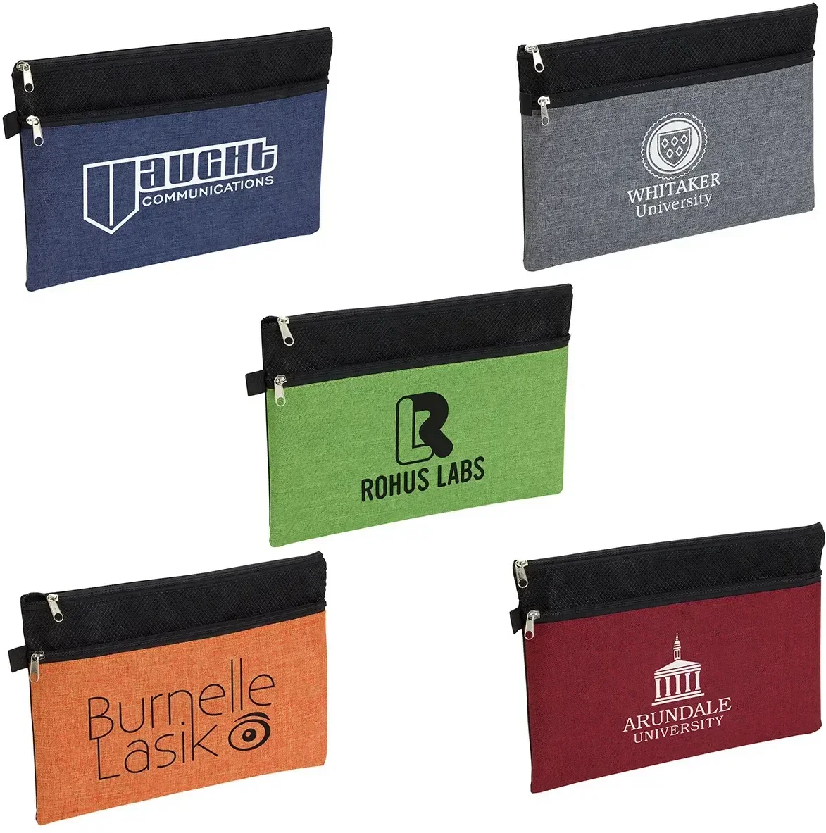 Custom Greystone dual-zip utility pouch, branded organizer front view with logo area