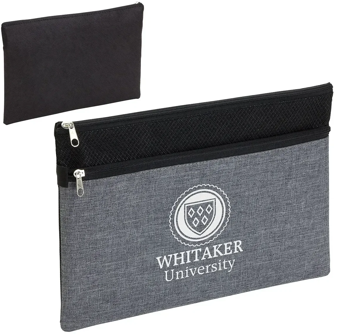 Branded Greystone pouch showing two zippered compartments open