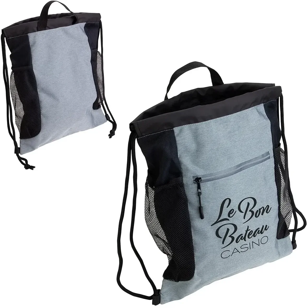 Greystone heathered polycanvas drawstring backpack with custom logo, promotional branded cinch bag
