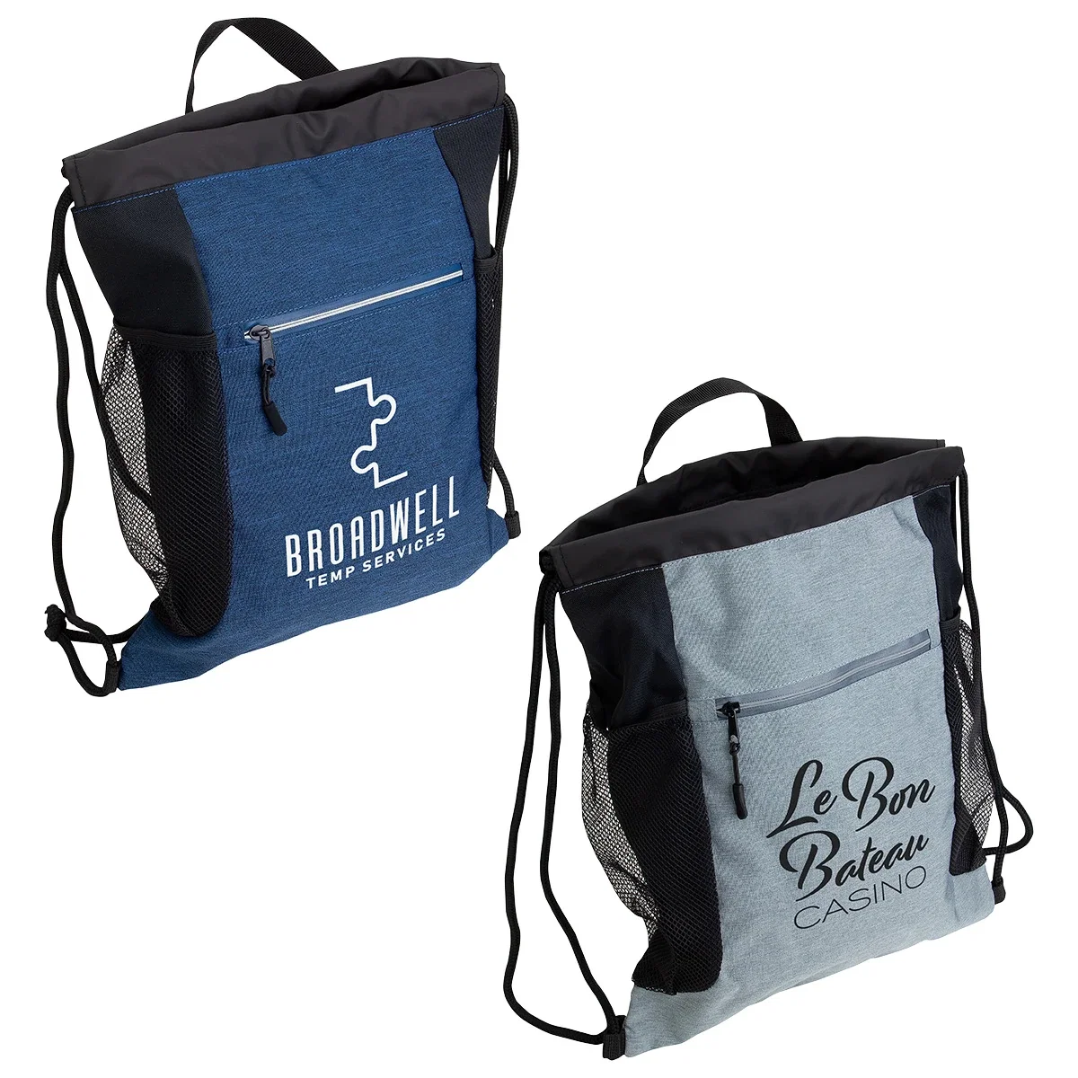 Greystone branded drawstring cinch backpack rear view with custom logo, promotional polycanvas bag