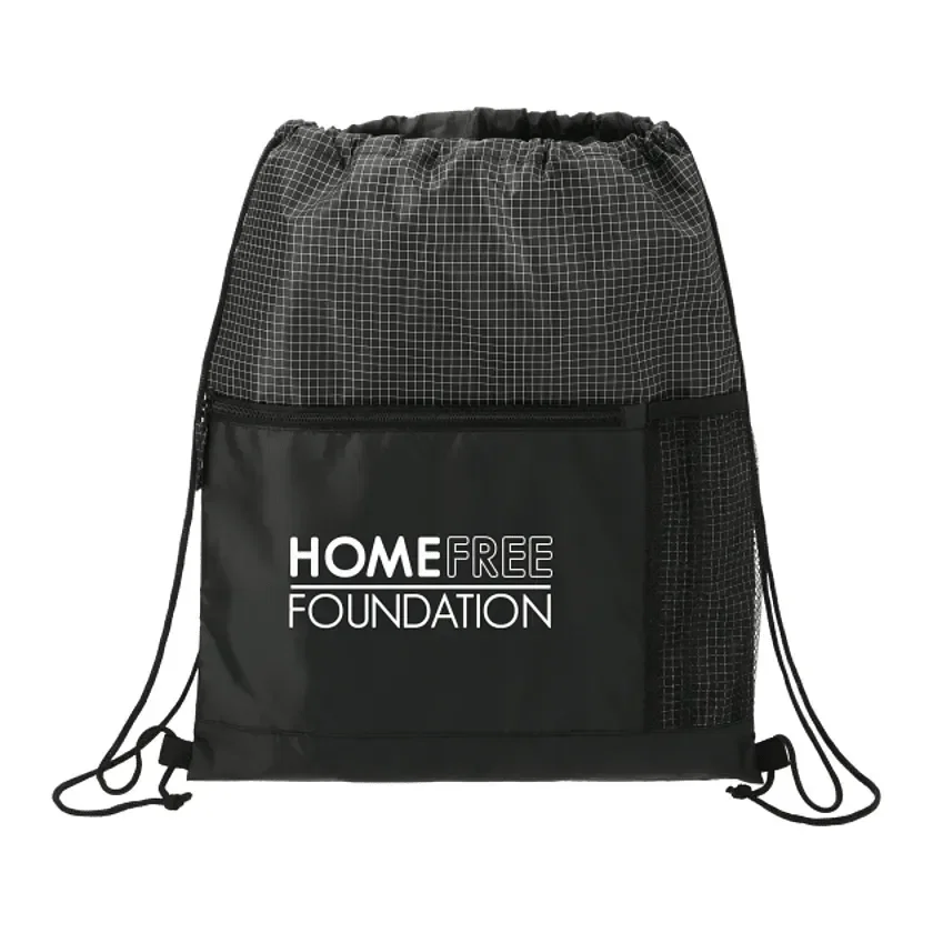Grid Drawstring Bag with Zippered Front Pocket