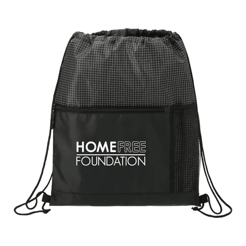 Grid Drawstring Bag with Zippered Front Pocket