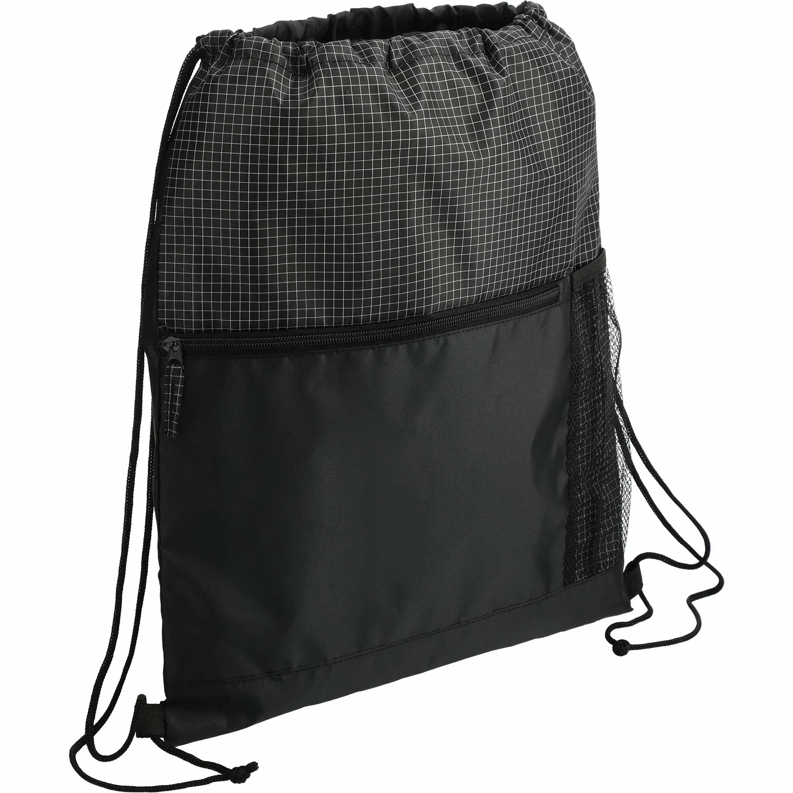 Grid Drawstring Bag with Zippered Front Pocket — view 12