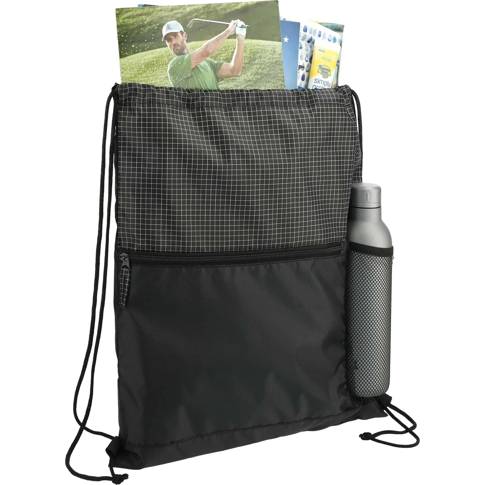 Grid Drawstring Bag with Zippered Front Pocket — view 13